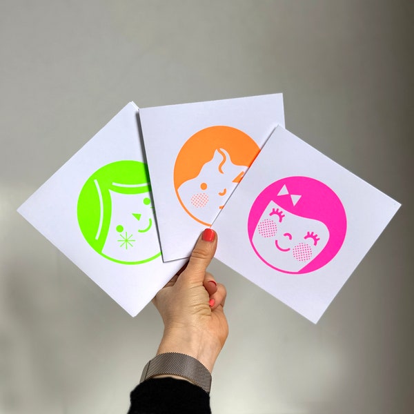 Handprinted Happy Faces Greetings Cards, Handpulled Screenprint onto 300gsm White Card, Birthday, Mothers Day, Fathers Day, Teachers Cards