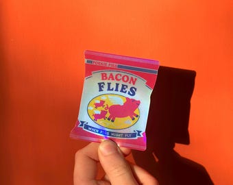 Bacon Flies Pigs Holographic Sticker - Kate Maxwell Studio Bacon Fries Crisps