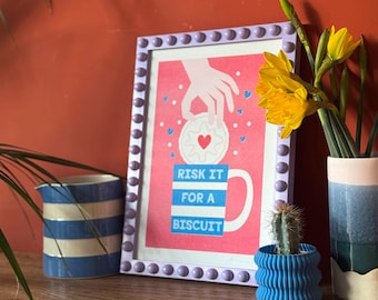 Risk It For A Biscuit Riso Print: Retro Wall Art (A4) / Recycled White Paper Risograph