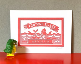 Miracle Fish Riso Print / Risograph / Fortune Teller Fish / A4 Retro Wall Art / Pop Art / Halftone / Kitsch Art / 100% recycled 300gsm