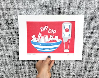 Chips and Dip Dip Risoprint / Signed A4 Riso Print / 2 Colours / Risograph / Ketchup French Fries Wall Art / Pop Art / Vintage / Cornishware