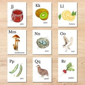 May include: Nine flashcards with watercolor illustrations of various objects and foods. Each card features a letter of the alphabet and a corresponding word: jam, kiwi, lemon, mushroom, nest, owl, pea, quail, and radish. The cards are arranged on a wooden surface.