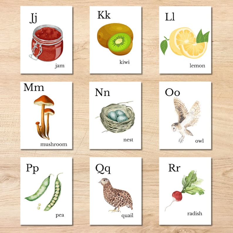 May include: Nine flashcards with watercolor illustrations of various objects and foods. Each card features a letter of the alphabet and a corresponding word: jam, kiwi, lemon, mushroom, nest, owl, pea, quail, and radish. The cards are arranged on a wooden surface.