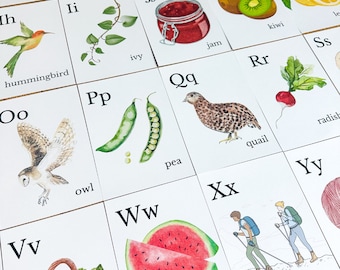 Nature Alphabet Flash Cards Farm Alphabet ABC Flashcards Watercolor Alphabet Nature Flash Cards Nature Study Homeschool Montessori Learning