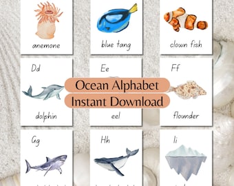 Ocean Alphabet flash cards Ocean Theme Educational ABC cards Watercolor Alphabet Nature Study Homeschool Montessori Activities Learn Letters