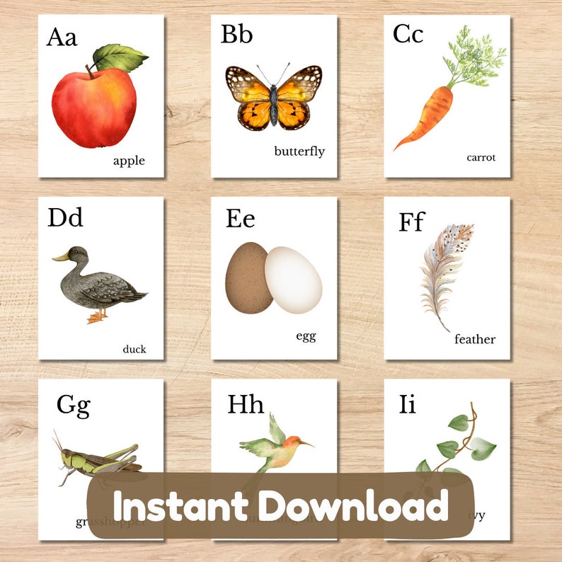 May include: Nine flashcards with watercolor illustrations of an apple, butterfly, carrot, duck, eggs, feather, grasshopper, hummingbird, and ivy. Each card has a letter and word. The text "Instant Download" is at the bottom.