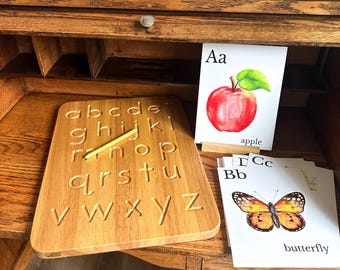 Conjunto de Quadro de Alfabeto em Madeira e Cartões do Alfabeto da Natureza - Frete Grátis - Alfabeto Maiúsculo e Minúsculo - Aprendizado Inspirado no Método Montessori