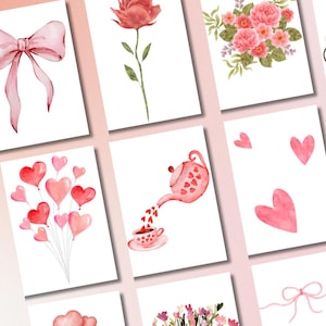 Tarjetas de felicitación de San Valentín con texto "Te amo", tarjetas en blanco con lazo rosa, papelería minimalista para San Valentín, tarjetas artísticas imprimibles, envío gratuito
