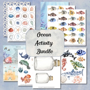 May include: Ocean themed activity bundle with printable worksheets for kids. Includes a matching game, alphabet activity, sea animal identification, and a message in a bottle craft.