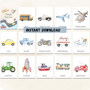 Cartes Things That Go pour la reconnaissance des véhicules Impressions aquarelles pour les activités des tout-petits Jouets éducatifs inspirés de Montessori pour enfants