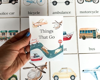Cartões Things That Go para reconhecimento de veículos, impressões em aquarela para atividades infantis, impressões educacionais inspiradas em Montessori para crianças