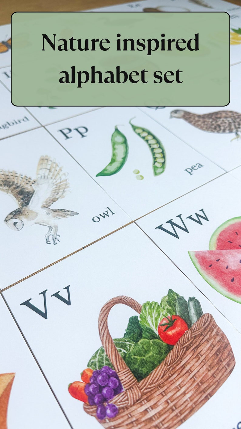May include: A nature-inspired alphabet set featuring watercolor illustrations. The image shows cards with letters and corresponding images, including an owl, peas, and a basket of vegetables. The text "Nature inspired alphabet set" is at the top.