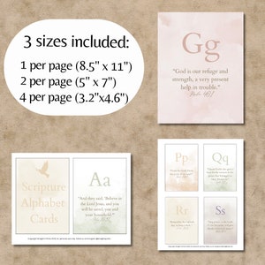Könnte beinhalten: Ein Satz druckbarer Alphabetkarten mit Aquarellhintergrund und Bibelversen. Jede Karte zeigt einen Buchstaben des Alphabets, einen Bibelvers und eine Taubenillustration. Die Karten sind für den Einsatz im Klassenzimmer oder zu Hause konzipiert.