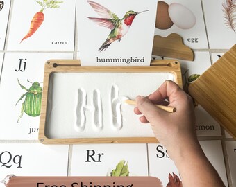 Montessori Inspired Sand Tracing Board and Nature Alphabet Card Set for Handwriting Practice Fine Motor Skills and Early Literacy Gift