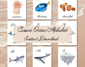 Kursiva Havsalfabetet Flashkort Havstema Pedagogiska Kursiva Lärkort Akvarell Hemundervisning Montessoriaktiviteter Lär dig Bokstäver