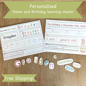 Può includere: Due fogli di apprendimento personalizzati con il nome "Grayden" e i dettagli del compleanno. I fogli includono attività di tracciamento, esercizi di ortografia e un'illustrazione di cupcake di compleanno. Sono presenti anche lettere e numeri ritagliati.