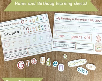 Personalized Name and Birthday Dry Erase Boards Custom Name Learning Sheets Tracing Practice for Toddler Activities Personalized Educational