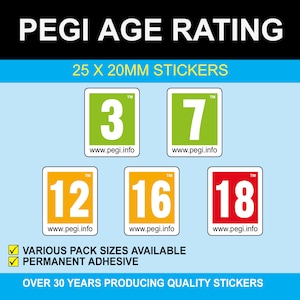 May include: Five PEGI age rating stickers in different colours. The stickers are 25mm x 20mm and feature the numbers 3, 7, 12, 16, and 18. The stickers are labelled with the PEGI logo and the website www.pegi.info. The text "VARIOUS PACK SIZES AVAILABLE" and "PERMANENT ADHESIVE" is also visible. The text "OVER 30 YEARS PRODUCING QUALITY STICKERS" is at the bottom of the image.