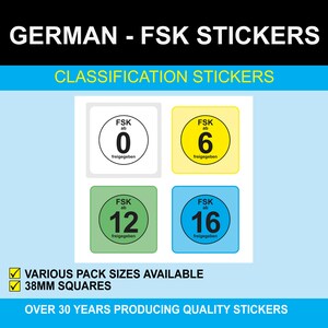 May include: Four square stickers with different coloured backgrounds and white circles containing the text "FSK ab" and a number. The numbers are 0, 6, 12, and 16. The stickers are 38mm squares. The text "VARIOUS PACK SIZES AVAILABLE" and "OVER 30 YEARS PRODUCING QUALITY STICKERS" is below the stickers.