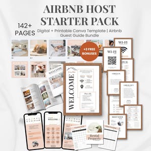 May include: An Airbnb Host Starter Pack with 142+ pages, including digital and printable Canva templates and a guest guide bundle. The image shows a variety of documents, including welcome signs, Wi-Fi instructions, and rental property forms.