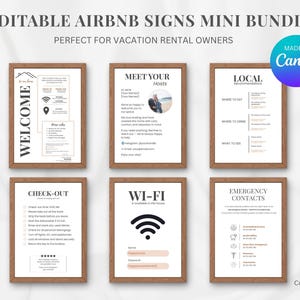 Szablon pakietu znaków Airbnb, 6 gotowych do wydrukowania szablonów Canva dla gospodarzy – powitanie, Wi-Fi, wymeldowanie, sytuacja awaryjna, lokalne wskazówki i poznaj gospodarzy