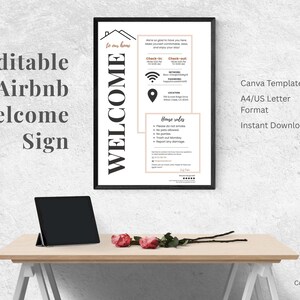 Letrero de bienvenida de Airbnb editable / Plantilla de Canva / Formato A4 y carta de EE. UU. imprimible / Letrero de entrada para alquiler vacacional / Guía de registro de huéspedes