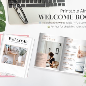 Plantilla editable de libro de bienvenida de Airbnb / Manual del huésped de 30 páginas en Canva / Carpeta imprimible tamaño A4/US / Guía de bienvenida para alquileres vacacionales en PDF