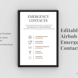 Plantilla de lista de contactos de emergencia editable / Descarga digital de Canva / Imprimible en formato A4 / Carta de EE. UU. para Airbnb y alquileres vacacionales | Airbnb Sign
