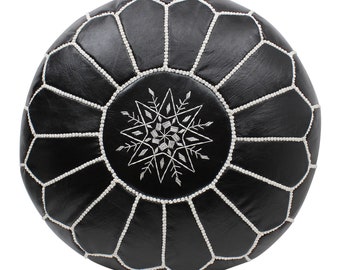 Moroccan Pouffe Pouf Ottoman Footstool Black & White Real Leather Embroidered Cover Only Handmade in Morocco 50x32cm 20x12.6 Inches (RAK)