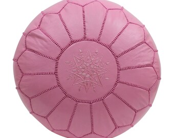 Moroccan Pouffe Pouf Ottoman Footstool Pink Leather Embroidered Cover Only Handmade in Morocco