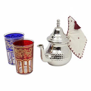 Moroccan Silver Teapot Hammered Small with 2 Tea Glasses and Handle Cover Handmade
