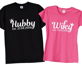 Personalised Matching Crown Hubby and Wifey Tshirts Mr and Mrs T Shirts for Wedding Day Anniversary Honeymoon Customised Hoodies Mug Set, 37