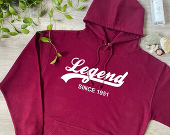 Legend Since 1951 Hoodie - Soft Cotton Pullover Jumper - Birthday, Father's Day, Christmas Gift - Present for Grandad, Dad, Brother, 744