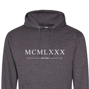 Moletom com capuz de algarismos romanos 1980, aniversário legal masculino ou feminino 42º 43º 44º ideia com capuz de meia idade, moletom original, 514