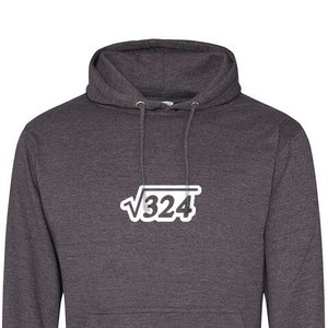 May include: A dark grey hooded sweatshirt with a white square graphic of the square root of 324.