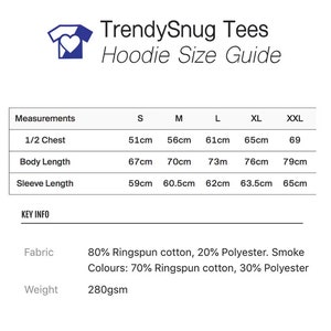 Puede incluir: Tabla de tallas de sudadera con capucha con medidas en cent&iacute;metros para el pecho, la longitud del cuerpo y la longitud de la manga. Las tallas incluyen S, M, L, XL y XXL. Informaci&oacute;n sobre la tela: 80% algod&oacute;n peinado, 20% poli&eacute;ster. Colores humo: 70% algod&oacute;n peinado, 30% poli&eacute;ster. Peso: 280 g/m&sup2;.