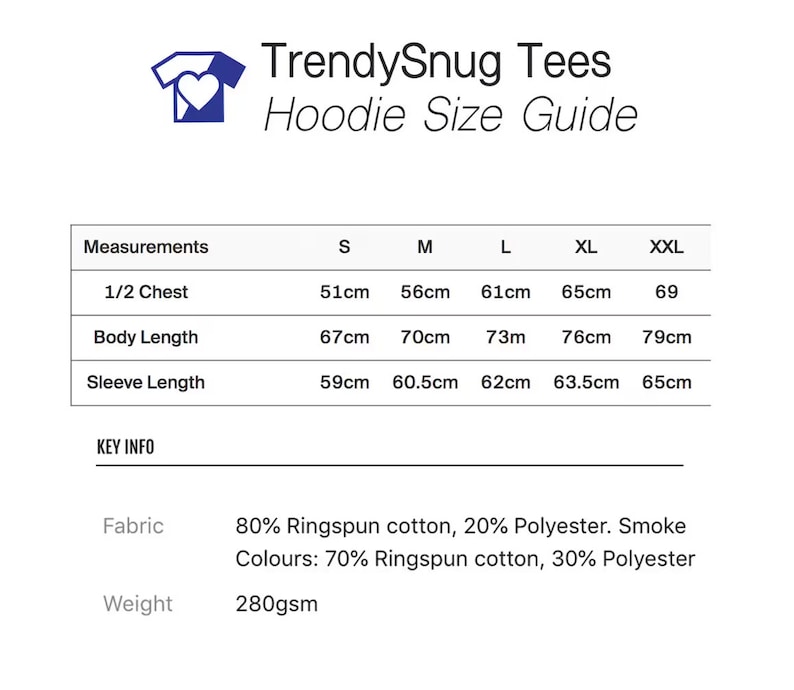 Puede incluir: Tabla de tallas de sudadera con capucha con medidas en cent&iacute;metros para el pecho, la longitud del cuerpo y la longitud de la manga. Las tallas incluyen S, M, L, XL y XXL. Informaci&oacute;n sobre la tela: 80% algod&oacute;n peinado, 20% poli&eacute;ster. Colores humo: 70% algod&oacute;n peinado, 30% poli&eacute;ster. Peso: 280 g/m&sup2;.