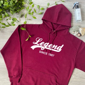 Felpa con cappuccio Legend Since 1987 - Maglione pullover in morbido cotone - Compleanno, Festa del papà, Regalo di Natale - Regalo per figlio, papà, fratello, 780