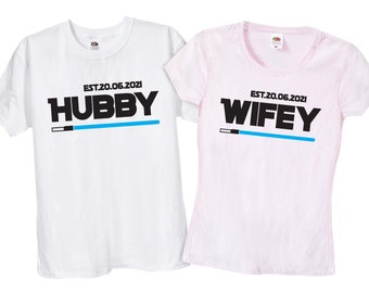 Themed Hubby Wifey T Shirts, Personalised Mr Mrs T-Shirts, Light-sabre Jedi, Cool Wedding Day Geek Nerd Tshirts, 243