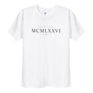 May include: White t-shirt with black text that reads "ESTABLISHED MCM LXXVI - 1976"