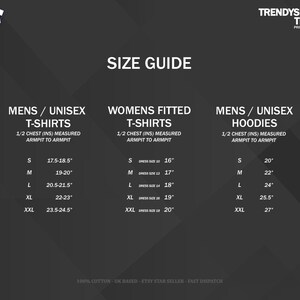 May include: Size guide for t-shirts and hoodies. The chart shows measurements in inches for different sizes, including S, M, L, XL, and XXL. The chart also includes dress sizes for women's fitted t-shirts.