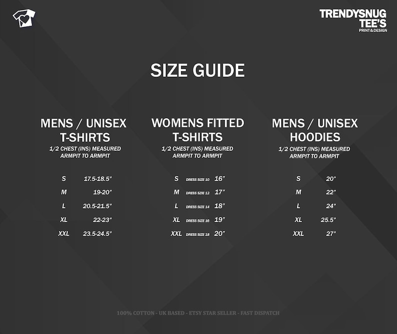 May include: Size guide for t-shirts and hoodies. The chart shows measurements in inches for different sizes, including S, M, L, XL, and XXL. The chart also includes dress sizes for women's fitted t-shirts.