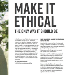May include: A text-heavy image with a white background and black text. The text reads "Make it Ethical: The only way it should be." The text describes the company's commitment to ethical manufacturing practices, including fair labor standards, environmental sustainability, and responsible sourcing. The text also mentions the company's manufacturing facility in Morocco.