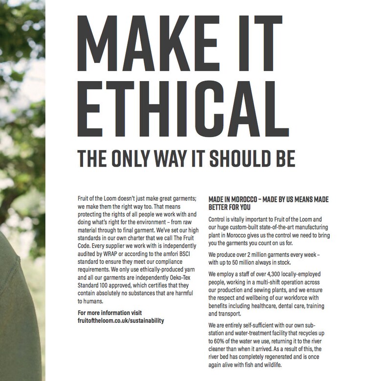 May include: A text-heavy image with a white background and black text. The text reads "Make it Ethical: The only way it should be." The text describes the company's commitment to ethical manufacturing practices, including fair labor standards, environmental sustainability, and responsible sourcing. The text also mentions the company's manufacturing facility in Morocco.