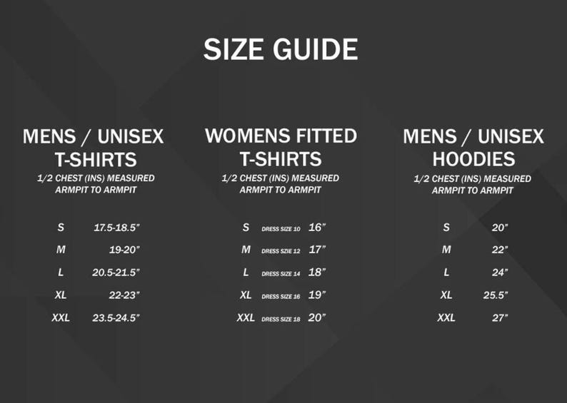 May include: Size guide chart for t-shirts and hoodies. The chart shows measurements in inches for different sizes, including S, M, L, XL, and XXL. The chart is divided into three sections: Men's/Unisex T-shirts, Women's Fitted T-shirts, and Men's/Unisex Hoodies.
