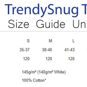 May include: Size chart for unisex t-shirts with measurements in inches for chest to fit, carton quantity, weight, and fabric. The chart shows sizes S, M, L, XL, and 2XL. The weight is 145g/m&sup2; (140g/m&sup2; White) and the fabric is 100% Cotton.