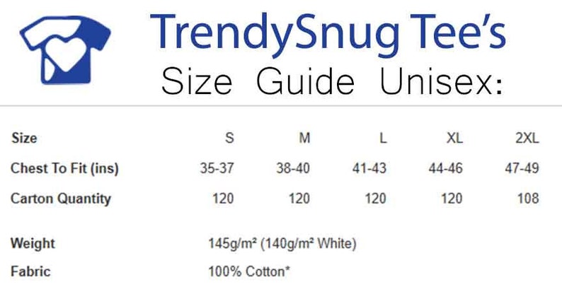 May include: Size chart for unisex t-shirts with measurements in inches for chest to fit, carton quantity, weight, and fabric. The chart shows sizes S, M, L, XL, and 2XL. The weight is 145g/m&sup2; (140g/m&sup2; White) and the fabric is 100% Cotton.