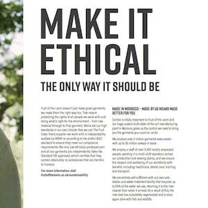 May include: A text-based advertisement for Fruit of the Loom clothing, highlighting their ethical manufacturing practices. The ad features a photo of a person standing in a field, with text that emphasizes the company's commitment to fair labor, environmental sustainability, and responsible sourcing. The text also mentions that the company's manufacturing facility is located in Morocco.