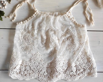 Sitter 9/18 lace outfit photo prop, Top & baby panties, Ivory lace photography prop, Vintage inspired, Boho baby clothes, Girl Photo outfit