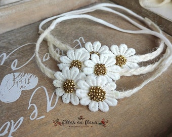 Jute Braid boho Headband, Daisy flower Tieback, Embroidered and pearls Headband, Photography Prop, Newborn Floral Tieback, Rustic halo